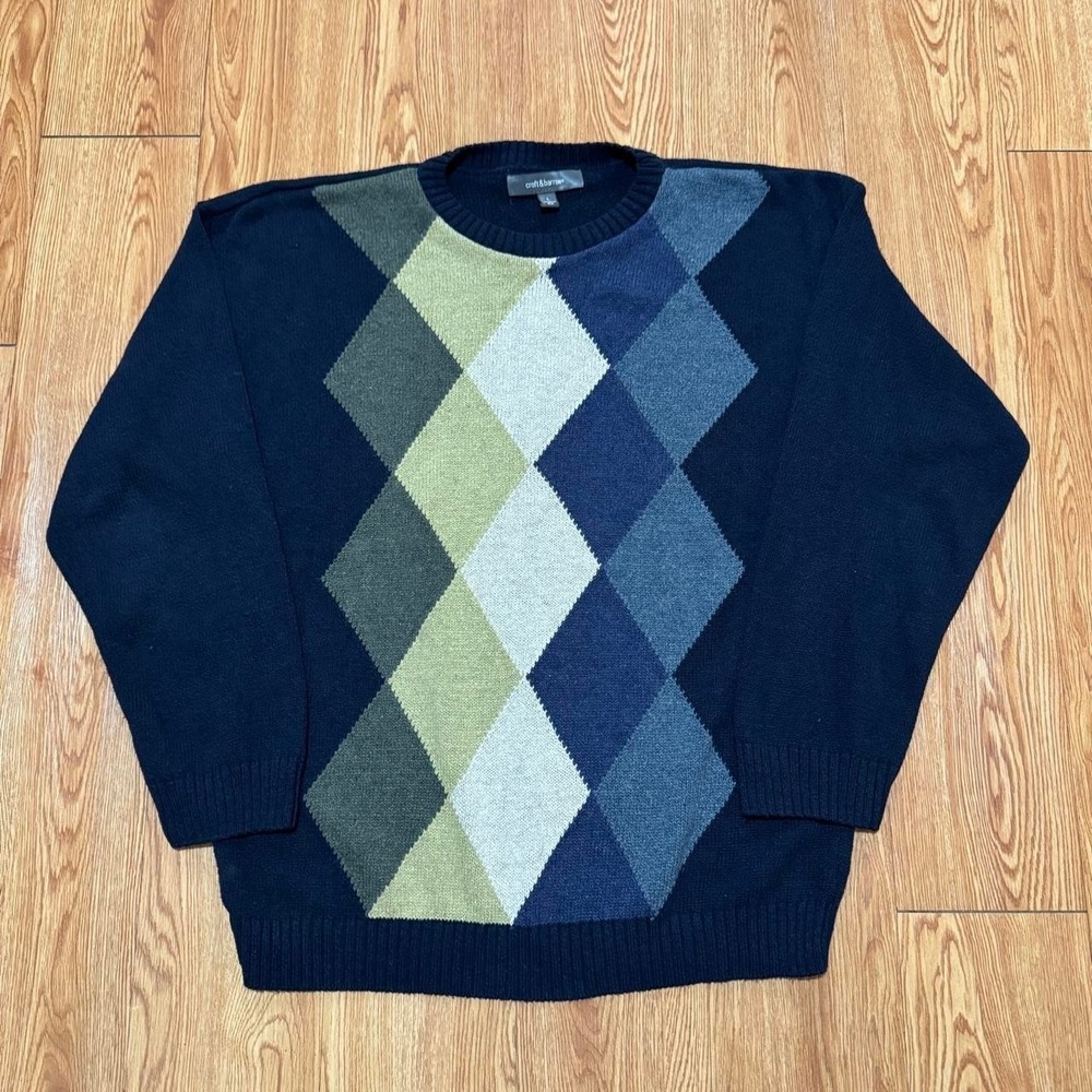 Croft & Barrow Men's Sweater Large Geometric Grandpa Cozy Made in USA Navy